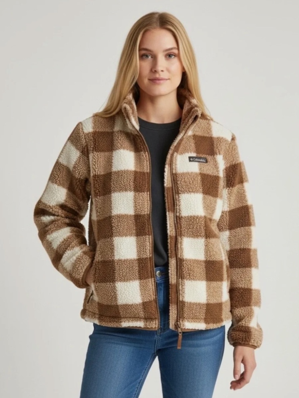 NWT Columbia Women's Big Timber Peak FS Printed Sherpa Full Zip Jacket Camel